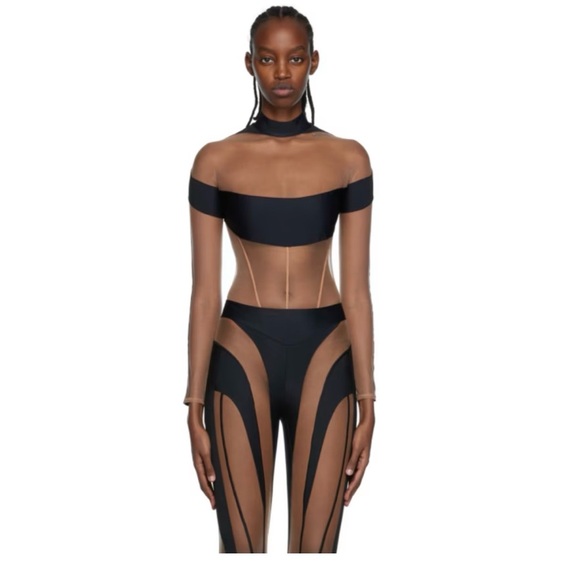 Mugler Tops - Mugler Black and Tan Off-Shoulder Bodysuit